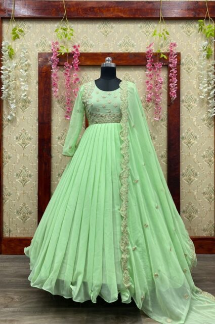 Pale Green Color Anarkali Suit On Georgette With Embroidery Work