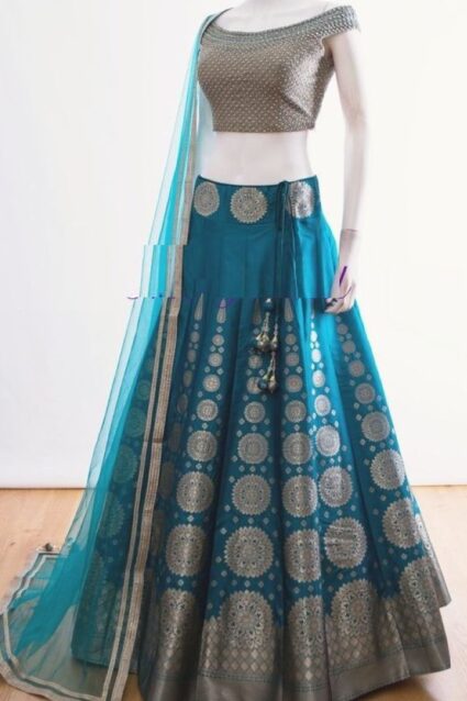 Sky Blue Color Beautiful Lehenga Choli On Banglory Satin