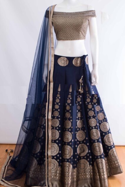 Dark Blue Color Beautiful Lehenga Choli On Banglory Satin