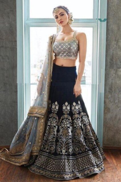 Dark Blue Color Beautiful Sara Khan Lehenga Choli On Velvet