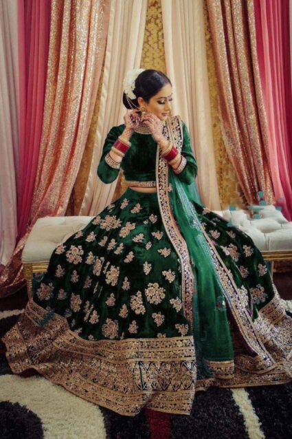 Green Color Beautiful Lehenga Choli On Velvet With Heavy Embroidery Work