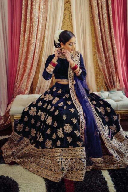 Navy Blue Color Beautiful Lehenga Choli On Velvet With Heavy Embroidery Work
