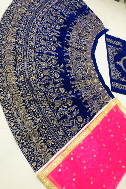 Blue Color Classic Lehenga Choli On Velvet With Dupatta