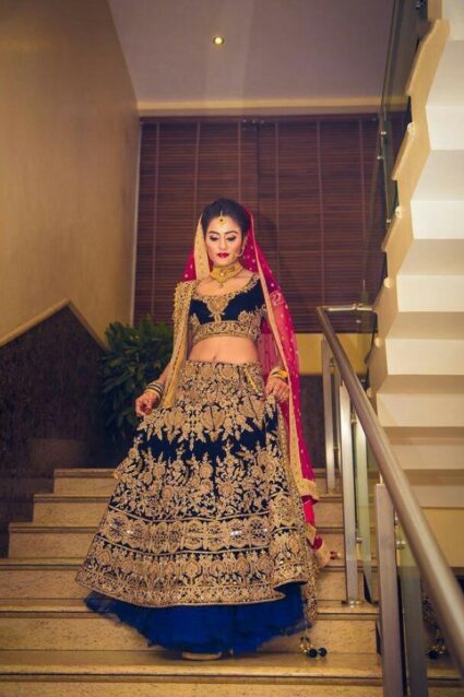 Blue Color Classic Lehenga Choli On Velvet With Dupatta