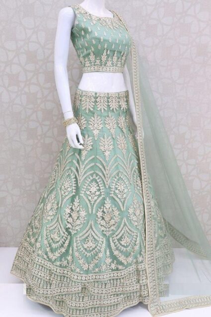 Light Blue Color Pretty Lehenga Choli On Net With Dupatta