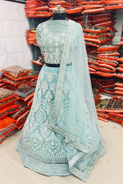 Light Blue Color Pretty Lehenga Choli On Net With Dupatta