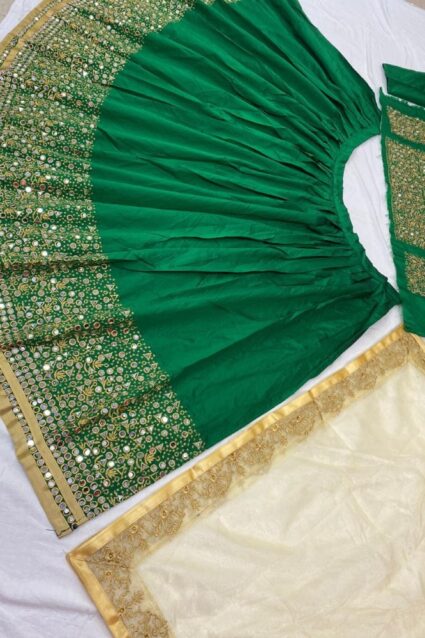 Green Color Stunning Lehenga Choli On Taffeta Silk With Embroidery And Mirror Work
