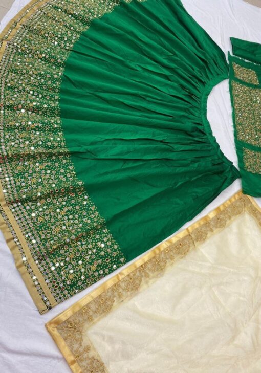 Green Color Stunning Lehenga Choli On Taffeta Silk With Embroidery And Mirror Work