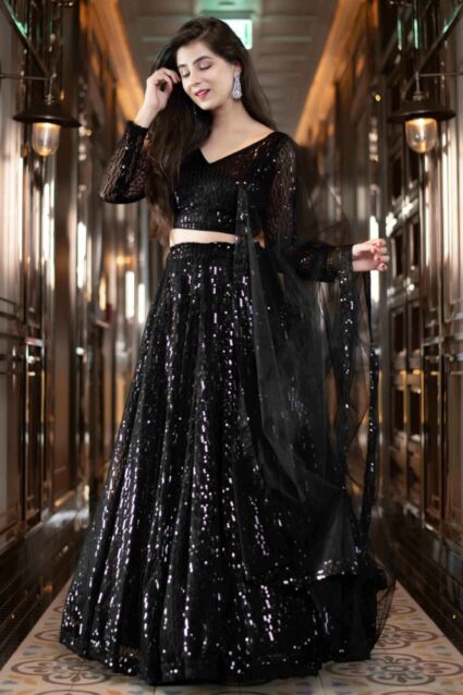 Black Color Charming Lehenga Choli On Georgette With Sequin Work