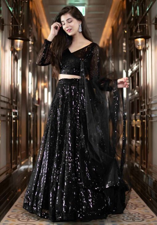 Black Color Charming Lehenga Choli On Georgette With Sequin Work