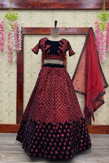 Red Color Stunnin Lehenga Choli On Viscos Velvet With Dupatta