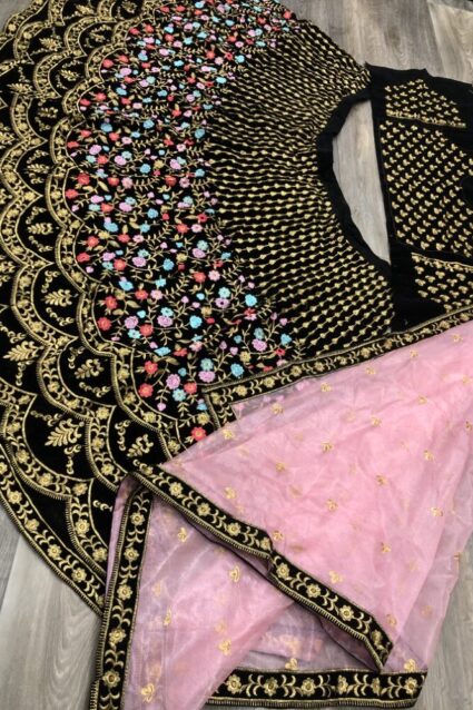 Black Color Classic Lehenga Choli On Velvet With Heavy Embroidery Work