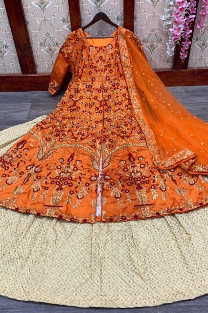Orange Color Classic Lehenga Suit On Banglory Satin With Dupatta