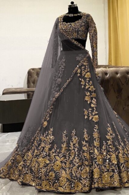 Grey Color Lehenga Suit On Georgette With Embroidery And Moti Work
