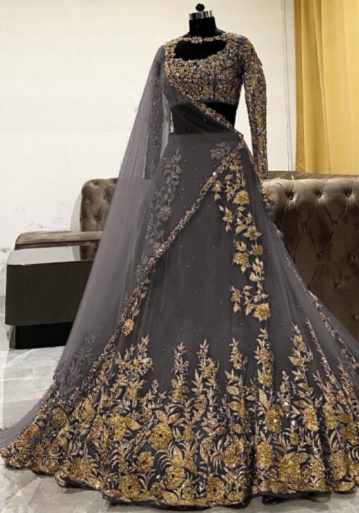 Grey Color Lehenga Suit On Georgette With Embroidery And Moti Work