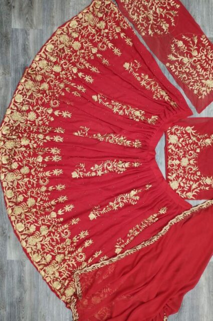 Red Color Lehenga Suit On Georgette With Embroidery And Moti Work