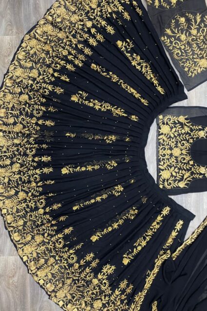 Balck Color Lehenga Suit On Georgette With Embroidery And Moti Work