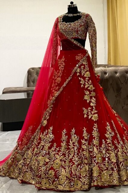 Red Color Lehenga Suit On Georgette With Embroidery And Moti Work