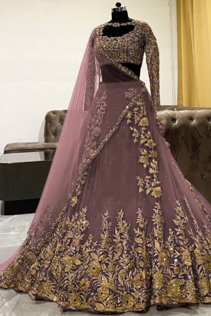 Light Purple Color Lehenga Suit On Georgette With Embroidery And Moti Work
