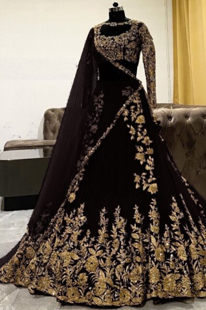 Balck Color Lehenga Suit On Georgette With Embroidery And Moti Work