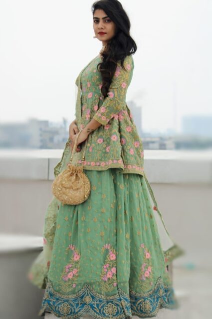 Lime Green Color Lehenga Choli On Georgette With Dupatta
