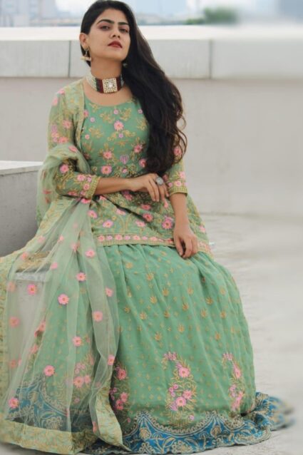 Lime Green Color Lehenga Choli On Georgette With Dupatta