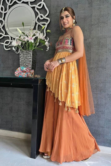 Multi Color Fancy Sharara Suit On Georgette With Dupatta Multi Color Fancy Sharara Suit On Georgette With Dupatta