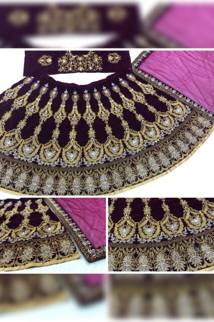 Wine Color Beautiful Lehenga Choli On Velvet With Heavy Embroidery Work