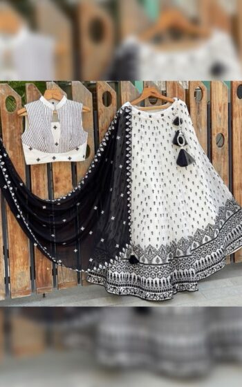 White Color Beauteous Lehenga On Georgette With Embroidery Work