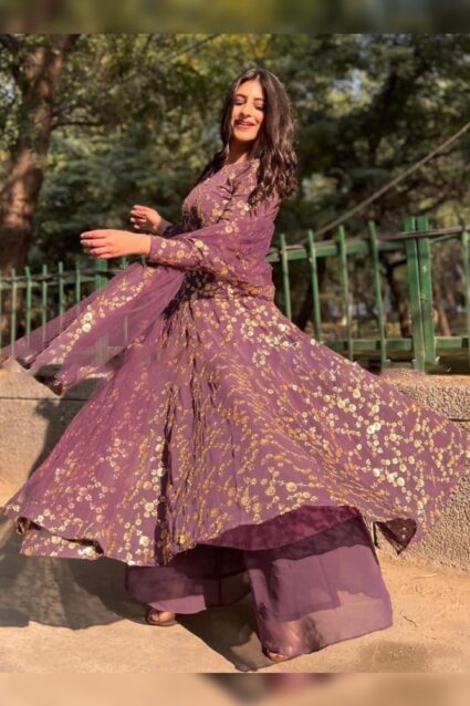 Violet Color Glamorous Sharara Suit On Georgette With Embroidery Work Violet Color Glamorous Sharara Suit On Georgette With Embroidery Work