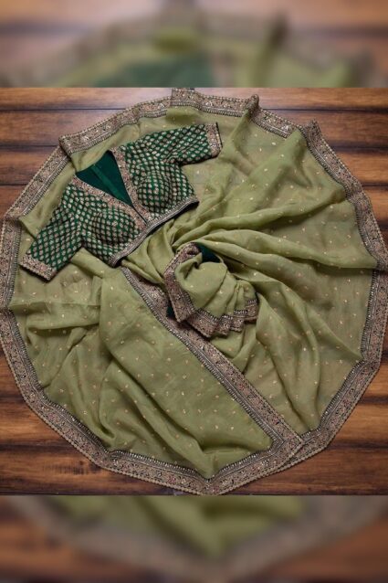 Olive Green Color Superb Saree On Georgette