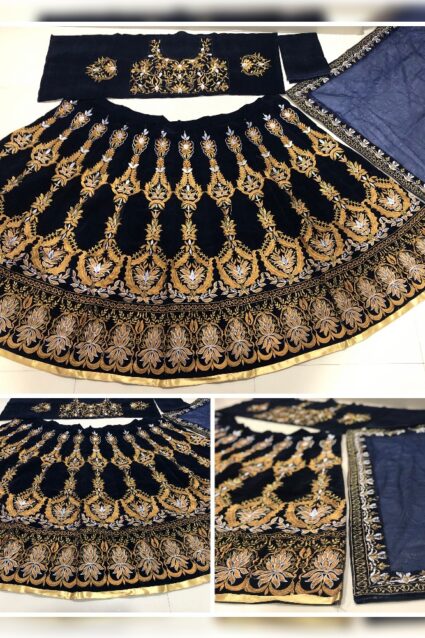 Navy Blue Color Beautiful Lehenga Choli On Velvet With Heavy Embroidery Work