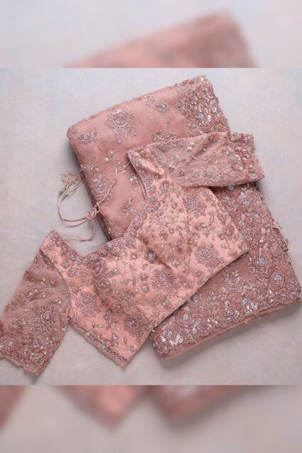 Peach Color Glamorous Saree On Organza With Sequin And Embroidery Work