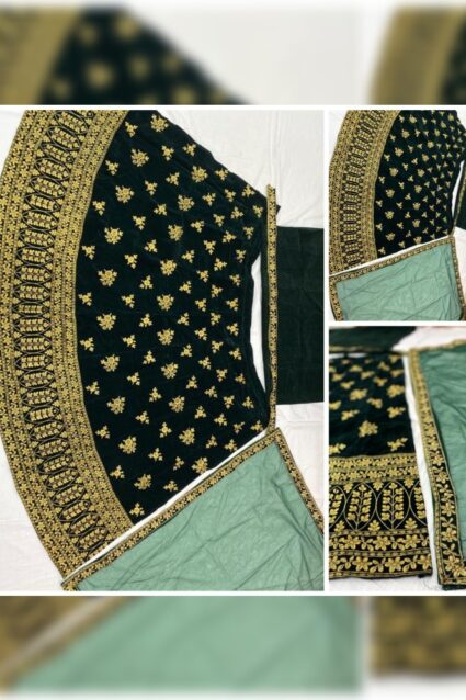 Green Color Beautiful Lehenga Choli On Velvet With Heavy Embroidery Work