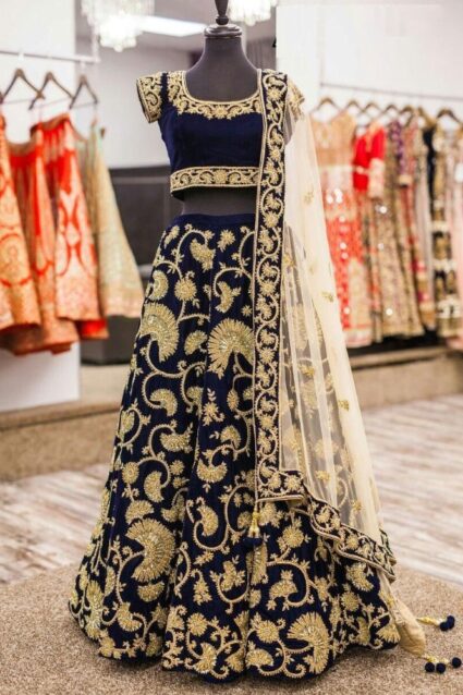 Dark Blue Color Gleaming Lehenga Choli On Heavy Velvet With Embroidery Work