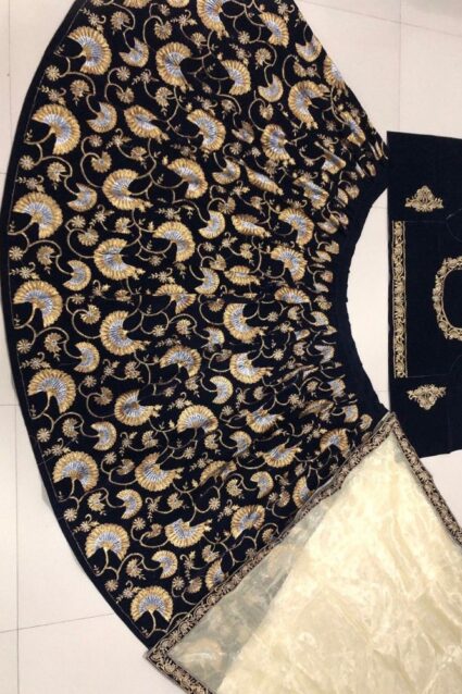 Dark Blue Color Gleaming Lehenga Choli On Heavy Velvet With Embroidery Work