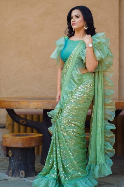 Light Green Color Sparking Saree On Georgette