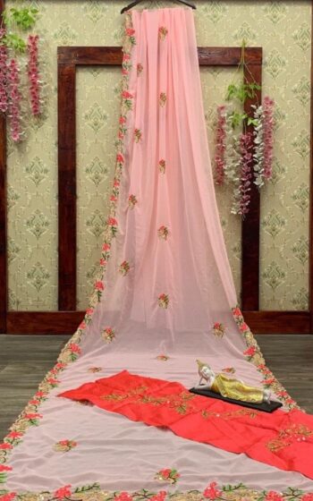 Baby Pink Color Luxurious Saree On Georgette With Embroidery Work