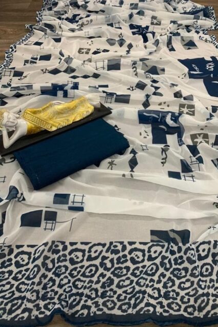 White Color Beautiful Saree On Georgette With Digital Print