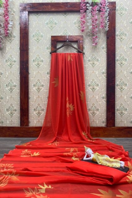 Red Color Classic Saree On Georgette With Digital Print