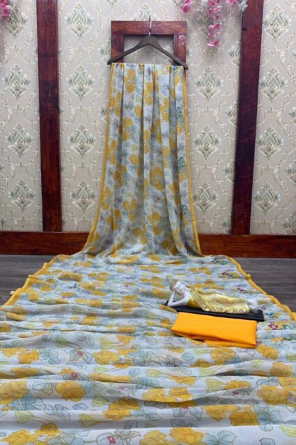 Yellow Color Classic Saree On Georgette With Digital Print