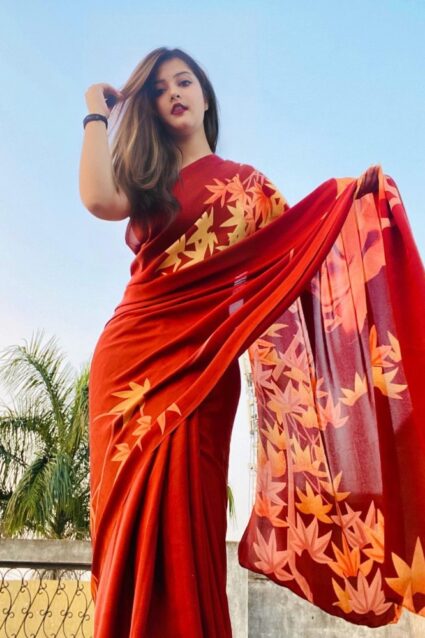Red Color Classic Saree On Georgette With Digital Print