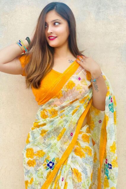 Yellow Color Classic Saree On Georgette With Digital Print