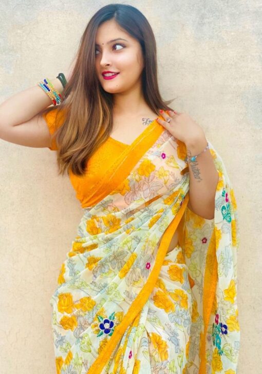 Yellow Color Classic Saree On Georgette With Digital Print