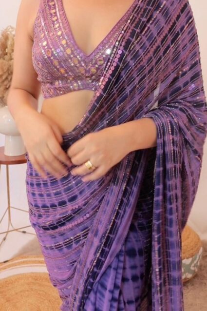 Purple Color Stunning Saree On Georgette With Double Sequin Work