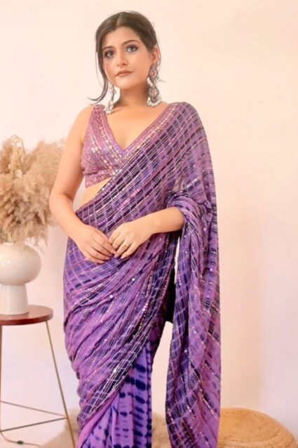 Purple Color Stunning Saree On Georgette With Double Sequin Work
