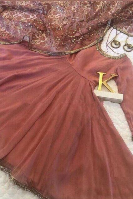 Coral Color Delightful Kurti On Organza With Dupatta