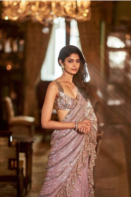 Light Purple Color Stylish Saree On Gerorgette