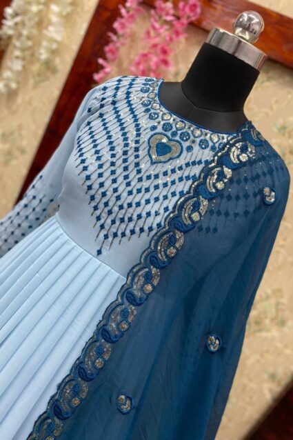Sky Blue Color Beauteous Anarkali Suit On Faux Georgette