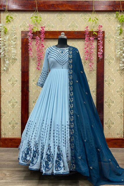 Sky Blue Color Beauteous Anarkali Suit On Faux Georgette